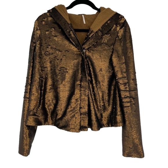 Free People Terracotta Bronze Sequined Hooded Jacket Size XS - Picture 5 of 10
